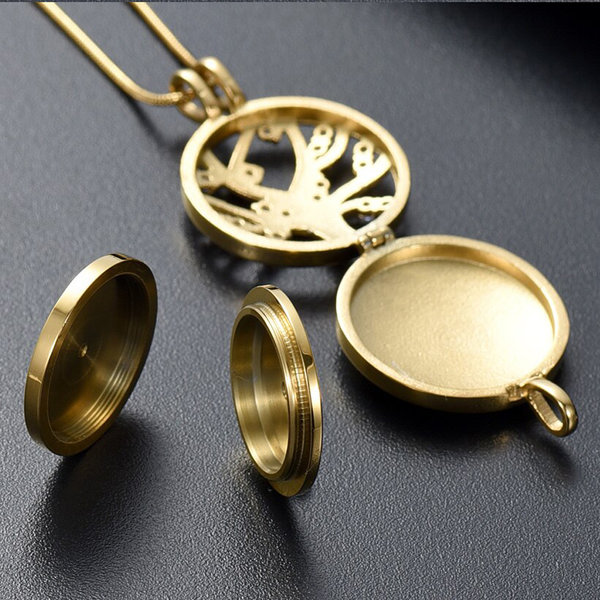 Ascheschmuck Urnenkette Medaillon Zirkonia Lebensbaum Anhänger Befüllen Edelstahl Gold Mit Gravur