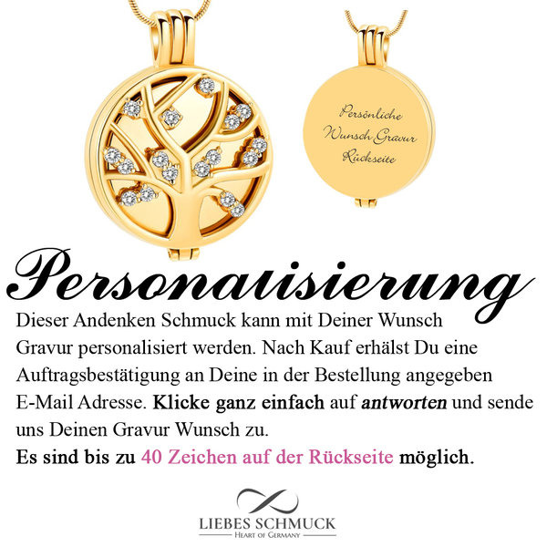 Ascheschmuck Urnenkette Medaillon Zirkonia Lebensbaum Anhänger Befüllen Edelstahl Gold Mit Gravur