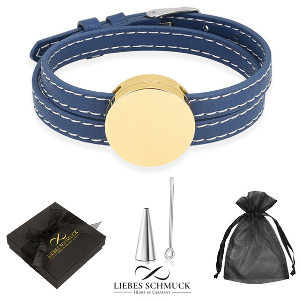 Ascheschmuck Urnen Armband Medaillon Befüllen Asche Haare Leder Blau Edelstahl Gold Mit Gravur