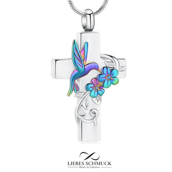 Ascheschmuck Kette Kreuz mit Kolibri Symbol Glückliches Leben Edelstahl Silber Regenbogen Mit Gravur